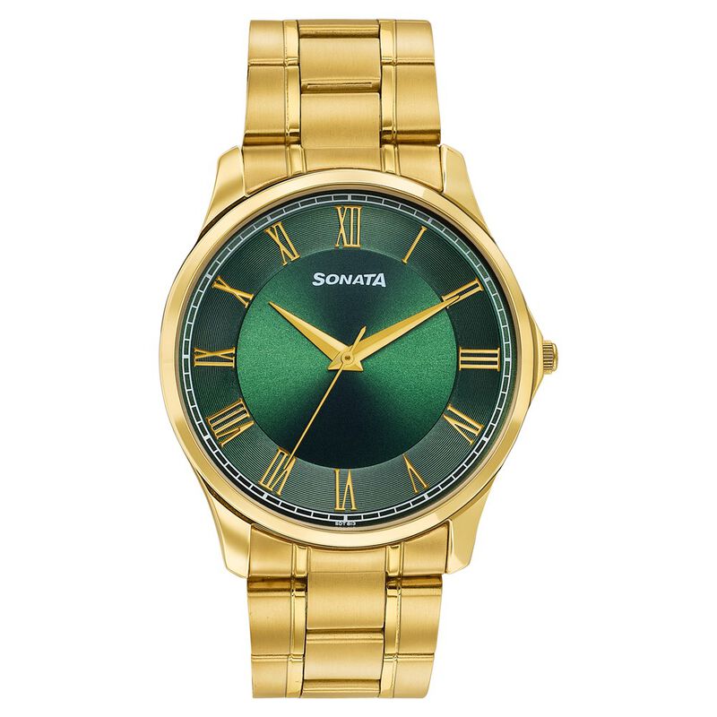 Sonata Traditional Essentials Green Dial Gold-Tone Stainless Steel Strap Watch