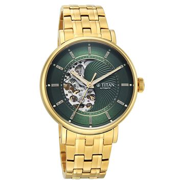 Titan Yin Yang Skeletal Automatic Analog with Green Dial Silver Gold Steel Strap Watch for Men