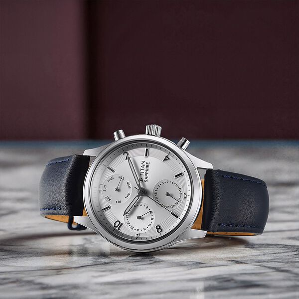 Buy Online Titan Sapphire Quartz Multifunction Silver Dial Leather