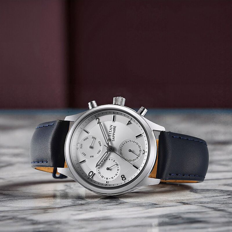 Titan Sapphire Quartz Multifunction Silver Dial Leather Strap Watch for Men