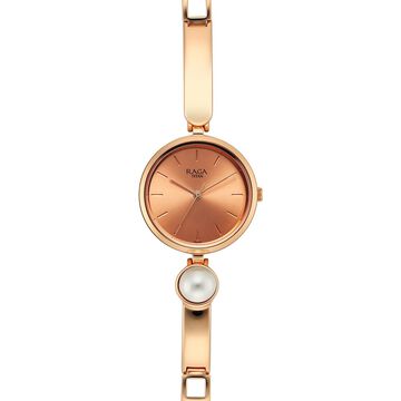 Titan Raga Power Pearls Quartz Analog Rose Gold Dial Metal Strap with pearl Watch for Women