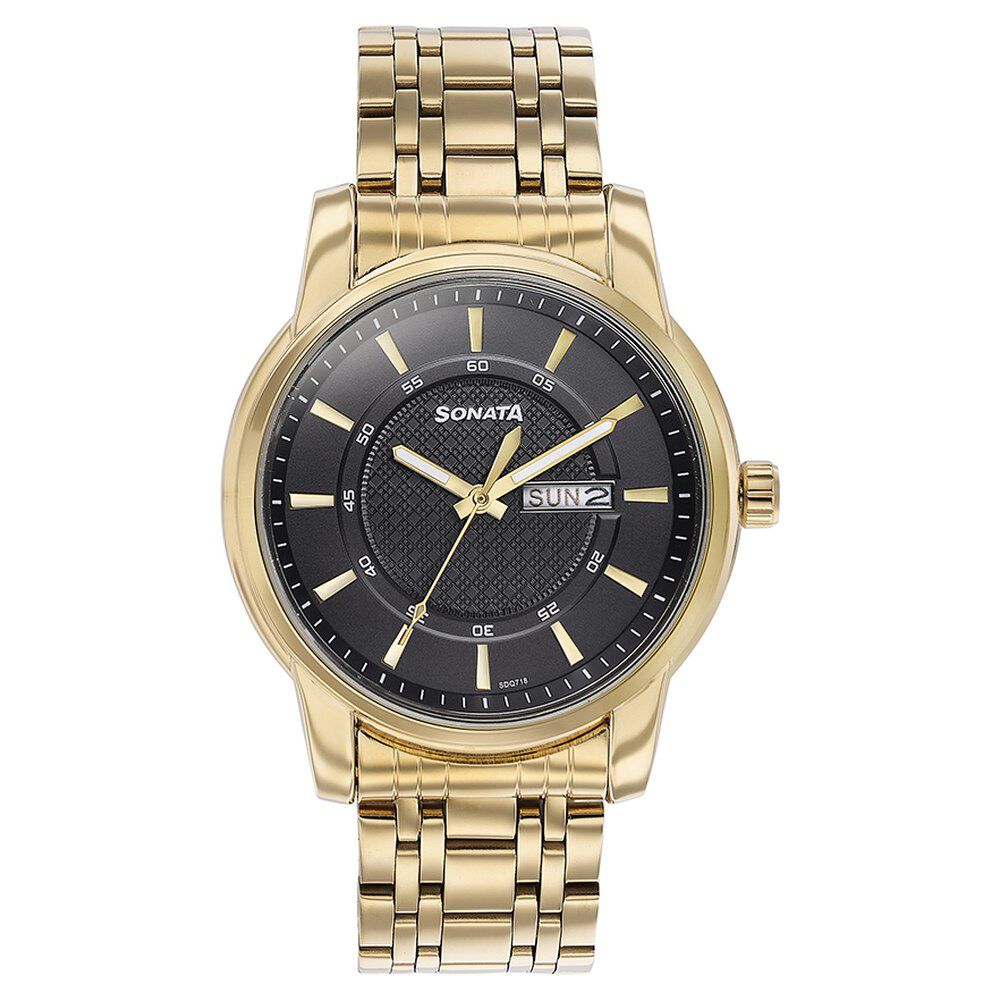 Buy Online Sonata Quartz Analog with Day and Date Black Dial Golden Stainless Steel Strap Watch For Men 77141ym01 Titan