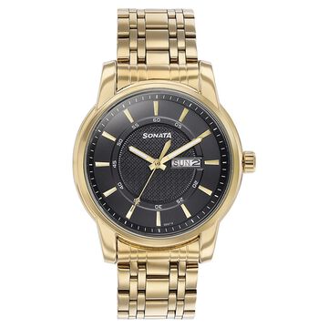 Sonata Quartz Analog with Day and Date Black Dial Golden Stainless Steel Strap Watch For Men