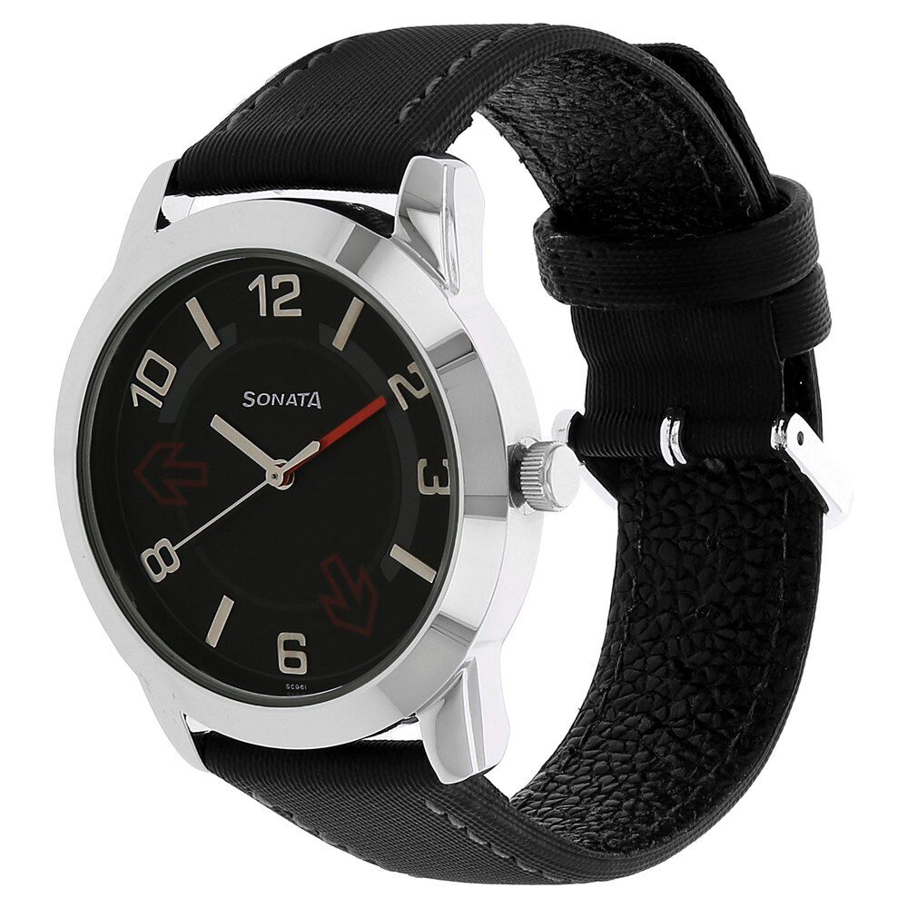 Buy Online Sonata Quartz Analog Black Dial Leather Strap Watch for