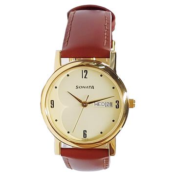 Sonata Quartz Analog with Day and Date Champagne Dial With Brown Color Leather Strap Watch For Men