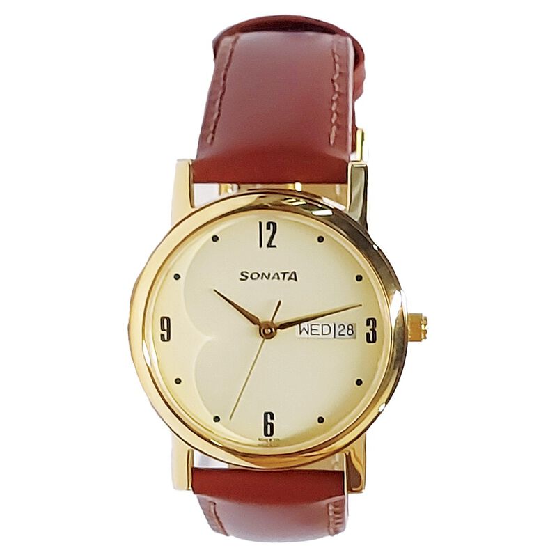 Sonata Quartz Analog with Day and Date Champagne Dial With Brown Color Leather Strap Watch For Men