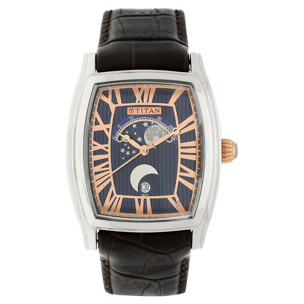 Buy Online Titan Moonphase Blue Dial Leather Strap watch for Men 1661sl01 Titan