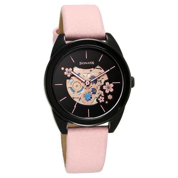 Sonata Unveil Quartz Multifunction Black Dial Leather Strap Watch for Women - image number 0