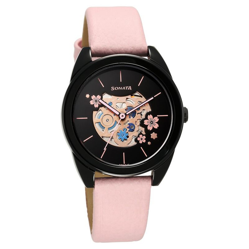 Sonata Unveil Quartz Multifunction Black Dial Leather Strap Watch for Women