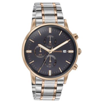 Sonata Quartz Multifunction Black Dial Two Toned Stainless Steel Strap Watch For Men