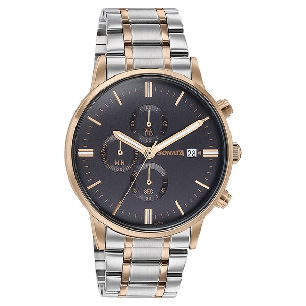 Sonata Quartz Multifunction Black Dial Two Toned Stainless Steel Strap Watch For Men - image number 2