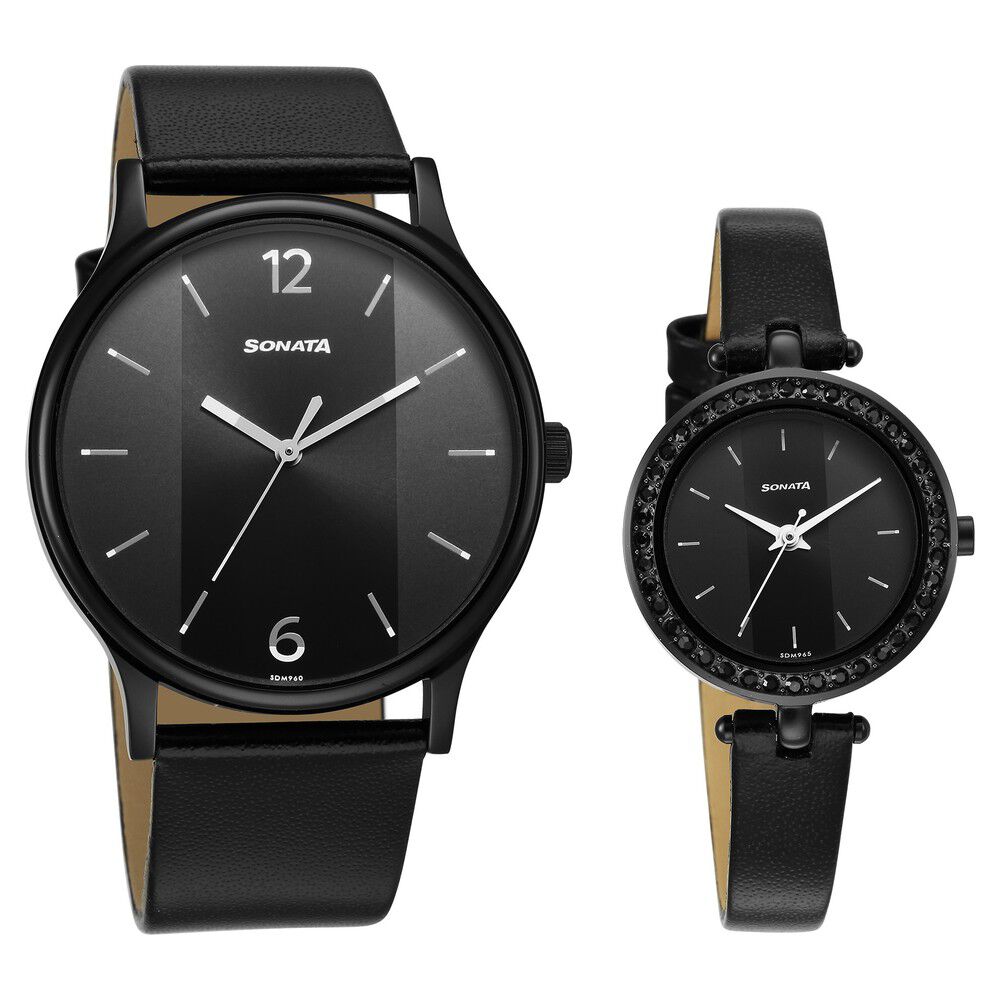 Buy Online Sonata Quartz Analog Black Dial Leather Strap Watch for