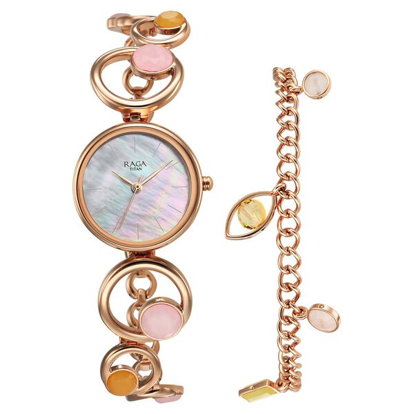 Titan Raga New You Quartz Analog Mother Of Pearl Citrine and Rose Quartz stones Strap for Women - image number 0