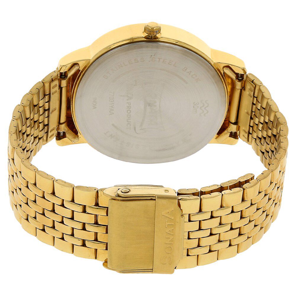 Buy Online Sonata Quartz Analog with Day and Date Champagne Dial Stainless Steel Strap Watch for Men ns77031ym04 Titan