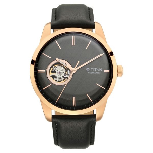 Titan Automatic Open Heart Black Dial Black Leather Strap Watch for Men - image number 2