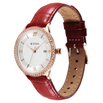 Titan Bright Leathers Silver Dial Analog with Date Red Leather Strap Watch for Women