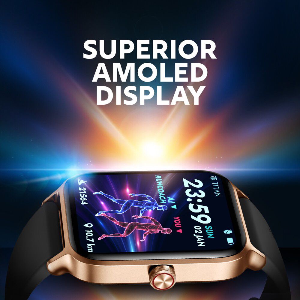 Titan Traveller with 4.52 cm AMOLED Display BT Calling India s First FitVerse Smartwatch with Black Leather Strap