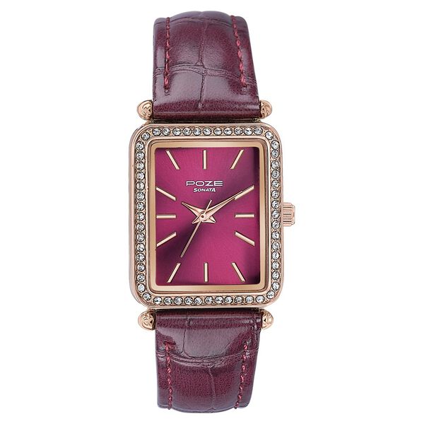 Sonata Poze Quartz Analog Purple Dial Leather Strap Watch For Women - image number 1