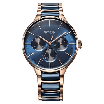 Titan Ceramic Fusion Multifunction Blue Dial Stainless Steel With Ceramic Links Strap Watch For Men