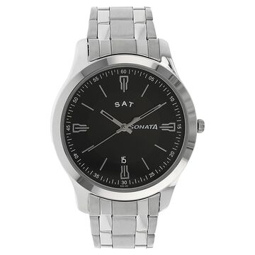 Sonata Quartz Analog with Day and Date Black Dial Stainless Steel Strap Watch for Men