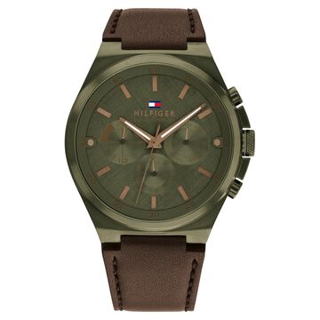 Tommy Hilfiger Multifunction Green Round Dial Brown Leather Strap Watch For Men