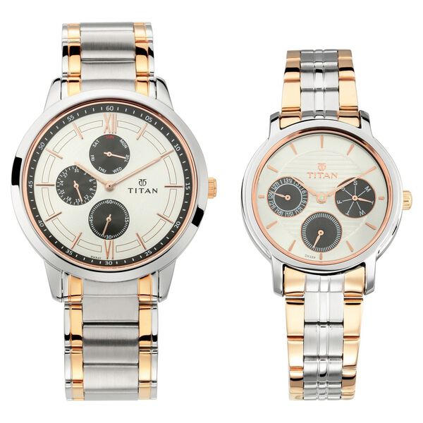 Titan Bandhan Silver Dial Quartz Multifunction Stainless Steel Strap watch for Couple - image number 0