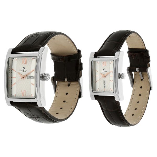 Titan Bandhan Silver Dial Analog with Day and Date Leather Strap Watch for Couple - image number 1