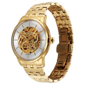Titan Golden Heart Skeletal Automatic Analog with Silver Dial Yellow Gold Stainless Steel Strap Watch for Men