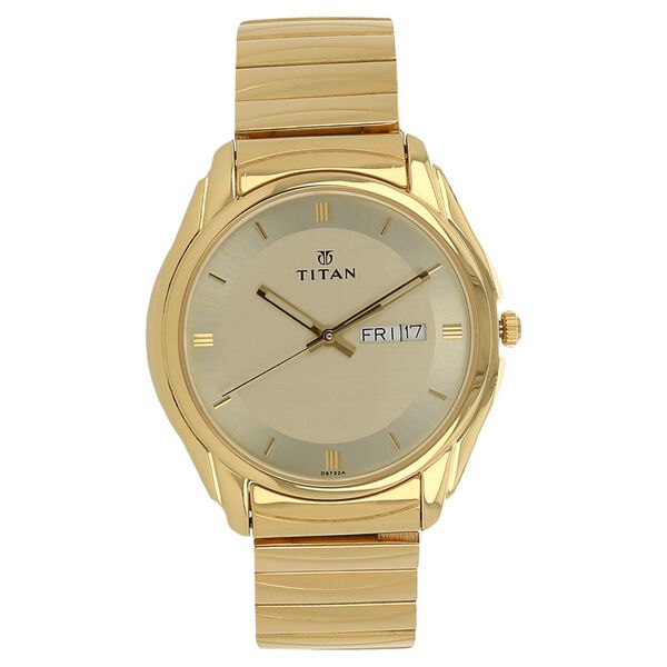 Titan Quartz Analog with Day and Date Champagne Dial Golden Stainless Steel Strap Watch For Men - image number 0