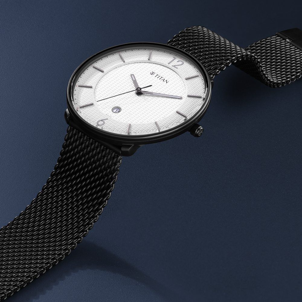 Titan Minimals White Analog with Date Stainless Steel Strap watch for Men