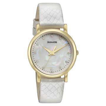 Sonata Glam Gold Quartz Analog Off White Dial Leather Strap Watch For Women