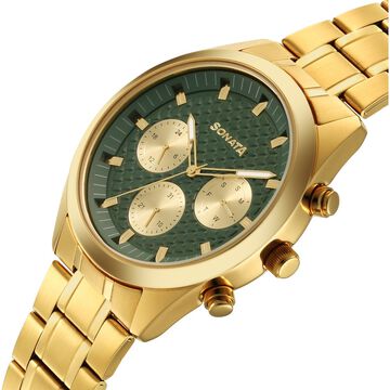Sonata Multifunction Green Dial Golden Metal Strap Watch For Men