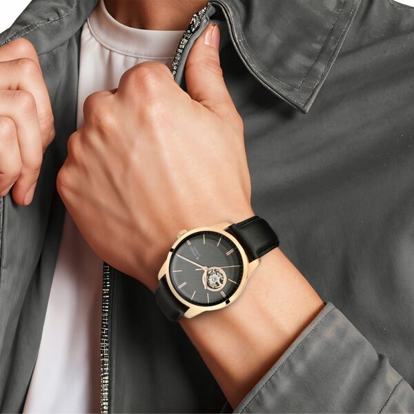 Titan Automatic Open Heart Black Dial Black Leather Strap Watch for Men - image number 7