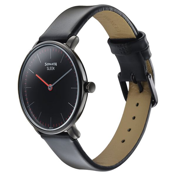 Sonata Sleek Quartz Analog Black Dial Black Leather Strap Watch for Women - image number 2