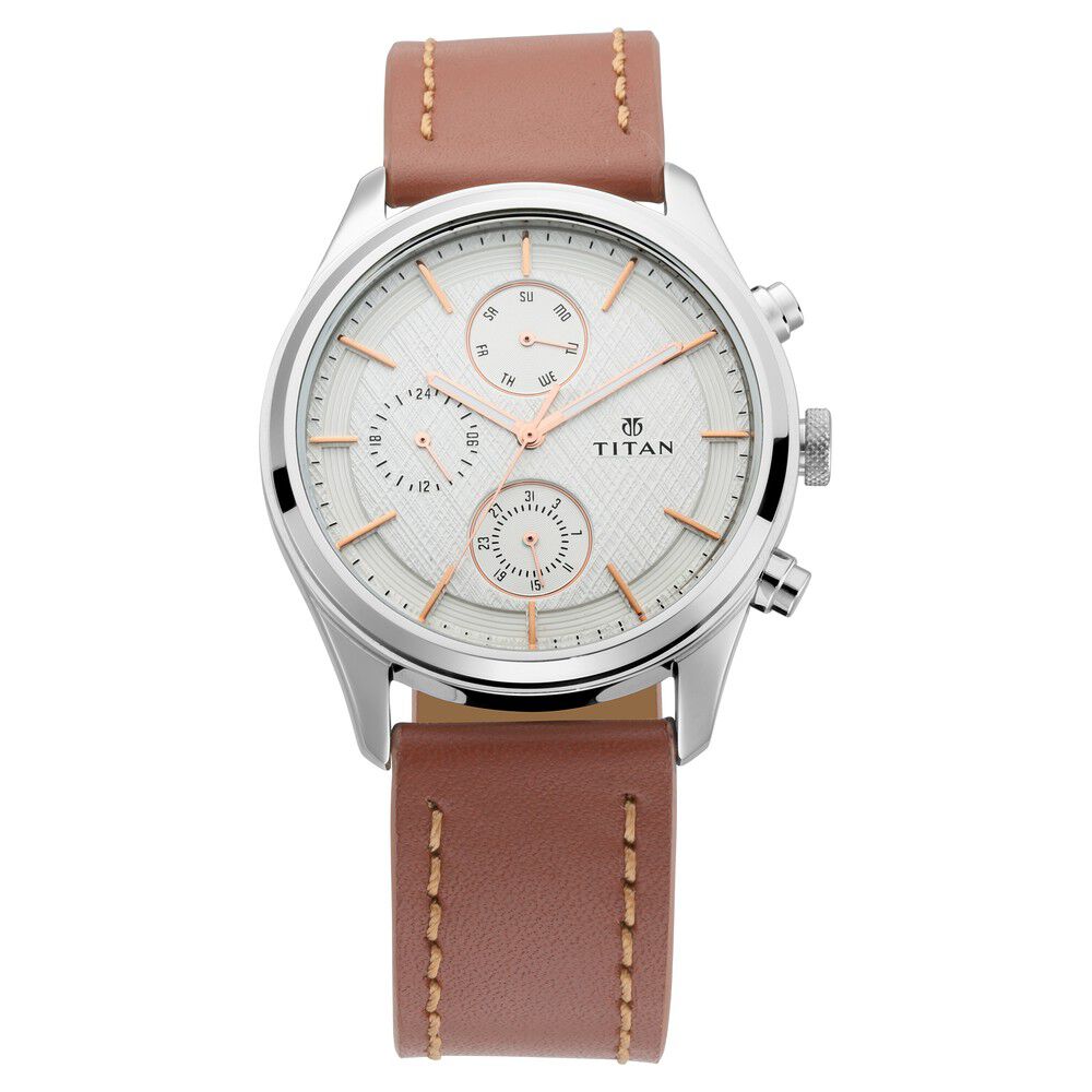Titan Men s Metropolitan Charm Men s Multifunctional White Watch with Leather Strap