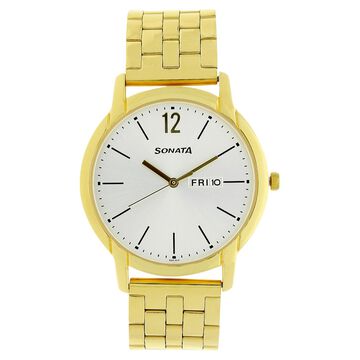 Sonata Quartz Analog with Day and Date Silver Dial Stainless Steel Strap Watch for Men