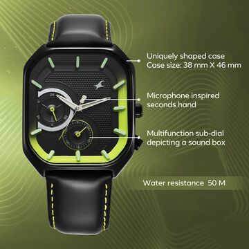 Fastrack Groove Multifunction Black Dial Guy's Leather Strap Watch with Lume indices