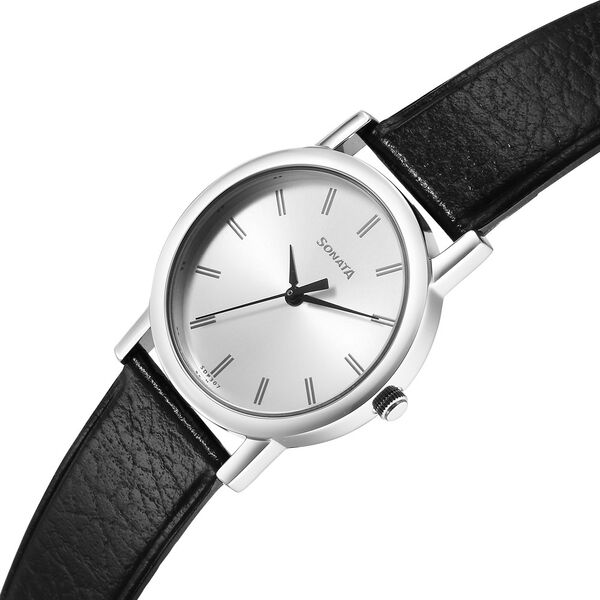 Sonata Classic Quartz Analog Silver Dial Black Leather Strap Watch for Men - image number 2