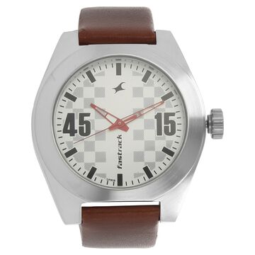 Fastrack Checkmate Quartz Analog Silver Dial Leather Strap Watch for Guys