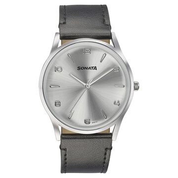 Sonata Quartz Analog Silver Dial Black Leather Strap Watch For Men