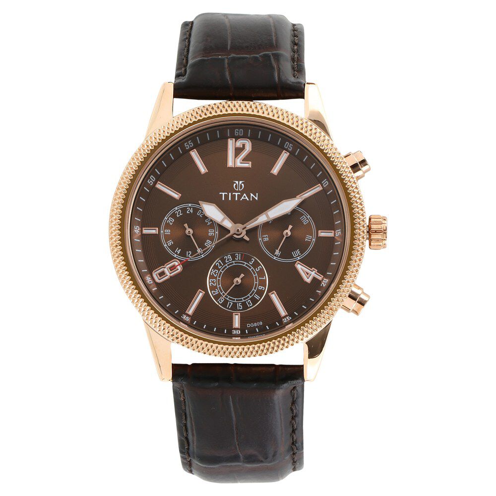 Buy Online Titan Men s Metropolitan Luxe Multifunction brown Dial with leather Strap nr1734wl01 Titan
