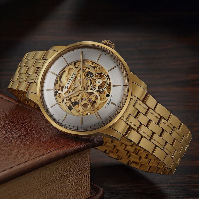 Titan Golden Heart Skeletal Automatic Analog with Silver Dial Yellow Gold Stainless Steel Strap Watch for Men