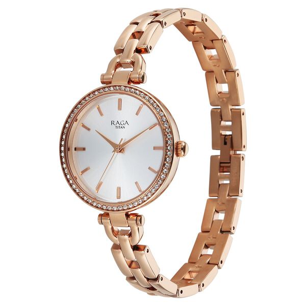 Titan Raga Showstopper Quartz Analog Silver Dial Rose Gold Metal Strap Watch For Women - image number 2