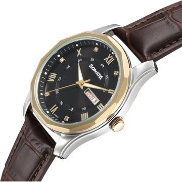 Sonata Wedding Quartz Analog Black Dial Leather Strap Watch For Men