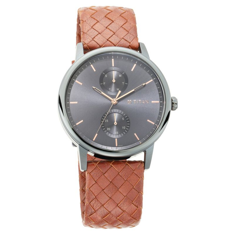 Titan Athleisure Grey Dial Analog Leather Strap Watch for Men
