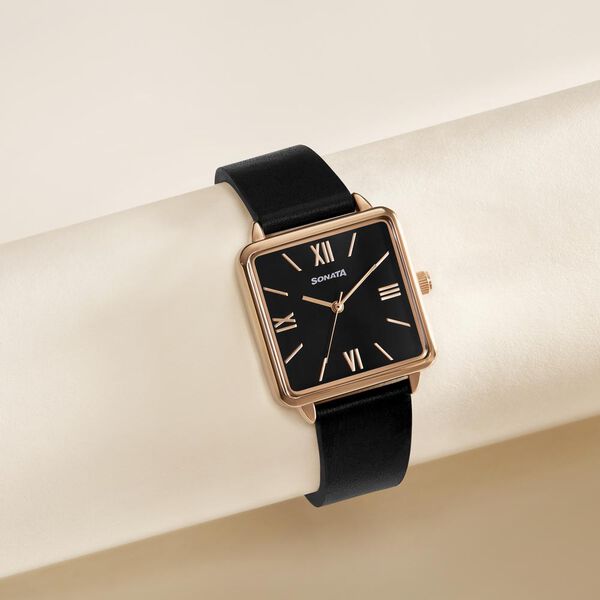 Sonata Quartz Analog Black Dial Black Leather Strap Watch For Women - image number 0