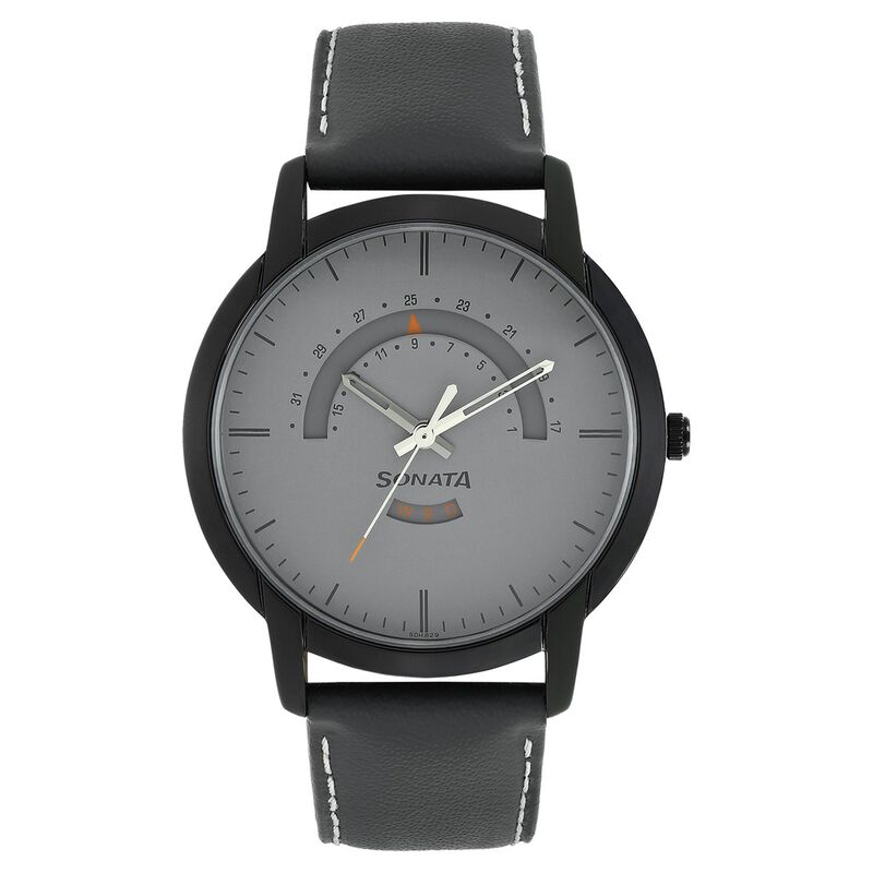 Sonata Quartz Analog with Day and Date Grey Dial Leather Strap Watch for Men