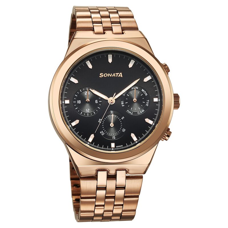 Sonata Eternia Quartz Multifunction Black Dial Metal Strap Watch For Men