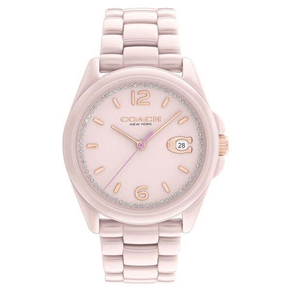 Coach Quartz Analog Pink Dial Ceramic Strap Watch for Women