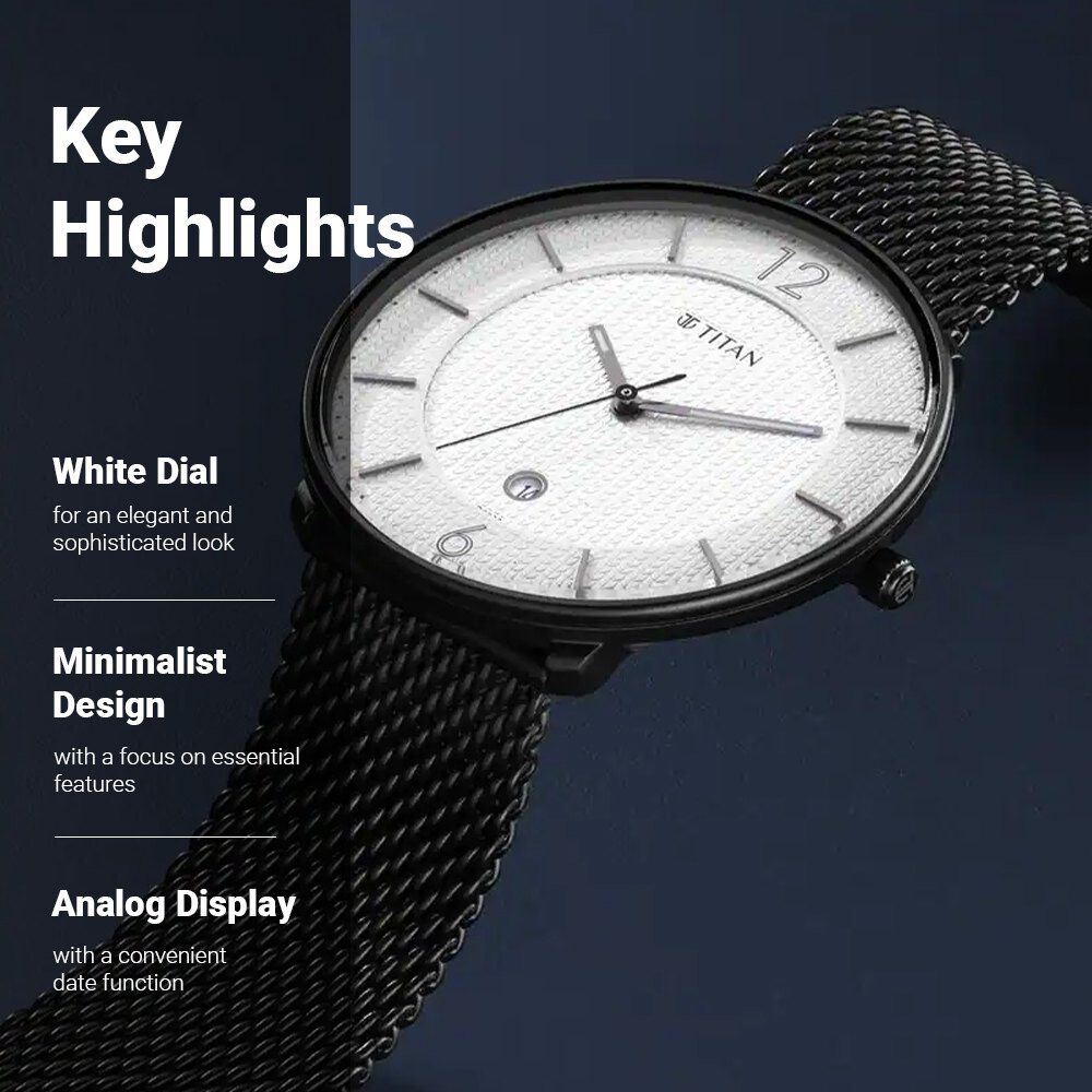 Titan Minimals White Analog with Date Stainless Steel Strap watch for Men